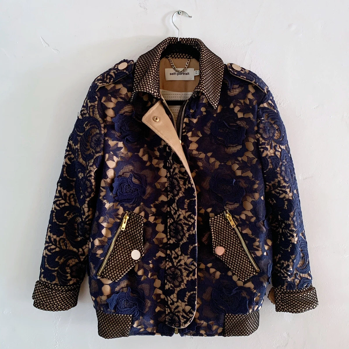 SELF PORTRAIT Navy Lace Oversized Tan Contrast Bomber Jacket AS
