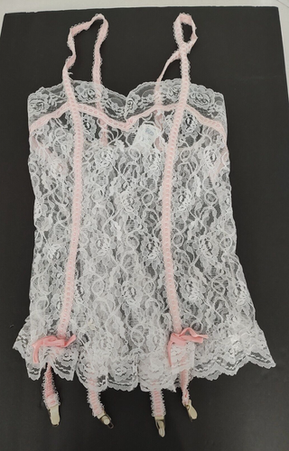 Vtg 80s Lingerie White Lace Teddy Garters Hose Seductive Undercover Wear Small - Picture 6 of 14