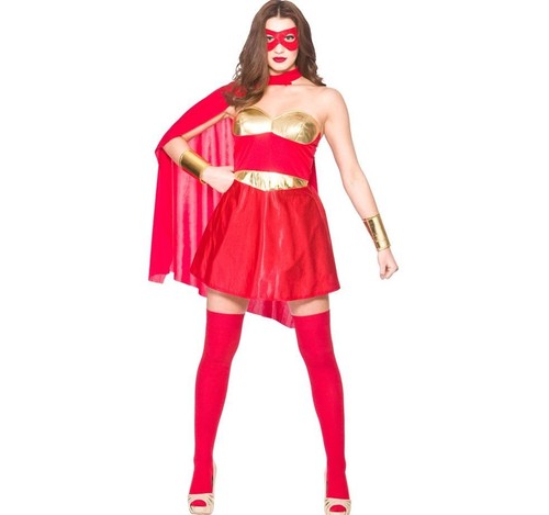 Ladies SUPERHERO Costume Comic Bright Red Super Hero Fancy Dress Adult UK 6-20 - Picture 2 of 3