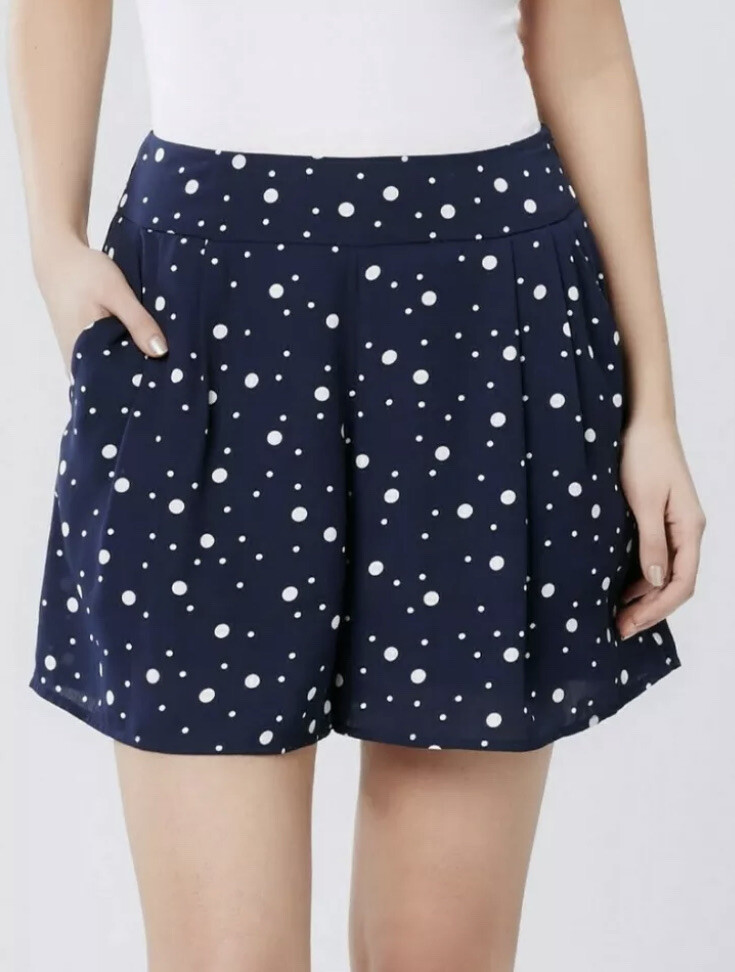 REVIEW Size Blue White Pleated Polka Dot SHORTS Lined, Pockets