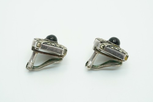 Sterling Silver Judith Jack Onyx & Marcasite Omega Clip Back Earrings - Picture 2 of 8