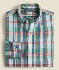 J Crew Linen Shirt Mens Green Baird McNutt Tartan Plaid Slim, Untucked, Classic