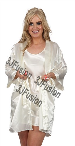 Camisa de satén vestido de noche sin cordones y envoltura conjunto vestido kimono vestido crema - Imagen 11 de 12