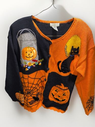 YarnWorks Womens Halloween Button Up Cardigan Women’s Size L Black Orange