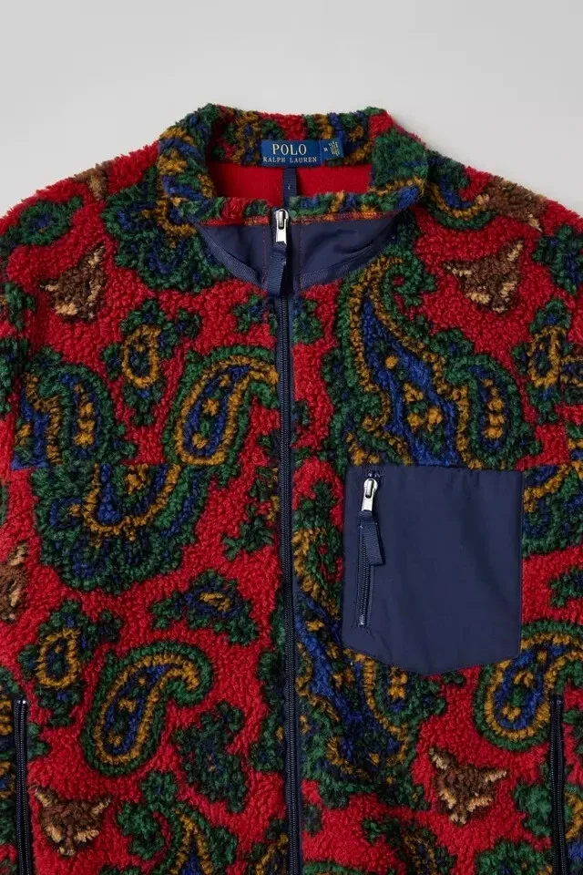 $348 Polo Ralph Lauren Paisley Fox Full Zip Pile Red Fleece Jacket Men's SZ L - Image 2 of 4