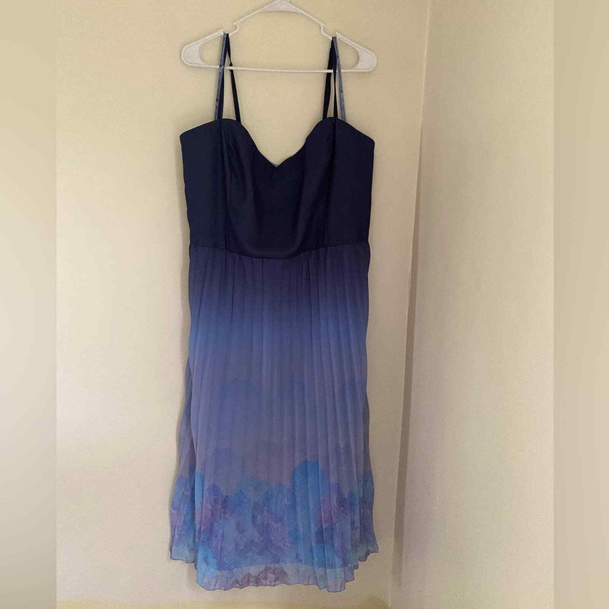 chi chi london pleated dress Ombre Floral Print Pleated Midi Dress in Navy