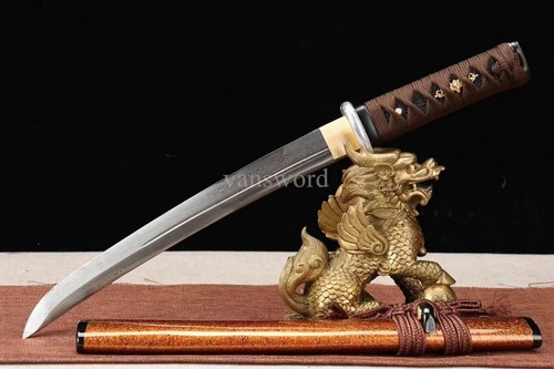 Japanese Tanto Folded Steel UNOKUBI ZUKURI Mini Sword Full Tang Battle ReadyGold - Picture 10 of 10