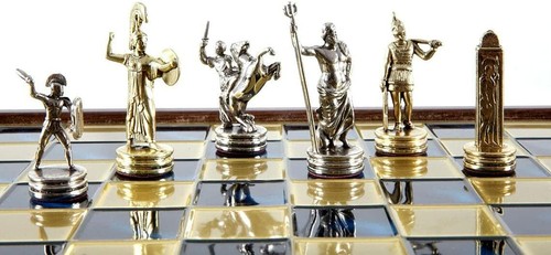 Greek Mythology Chess Set - Brass Nickel Pawns - Blue Wooden case Board - Picture 2 of 5