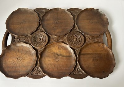 Treen handgeschnitztes Holz Serviertablett 15'' Anglo-Indian Kashmiri Sheesham Floral 