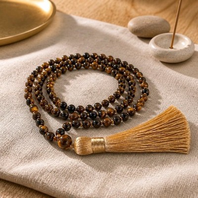 Mala 108 Tigerauge Perlen 6mm mit Pom-Pom - Mala Tibetischer Knoten 