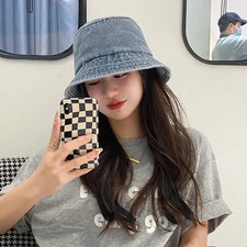 Retro Denim Bucket Hat for Women Solid Color Foldable Fisherman Cap Summer Outdo