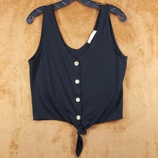 ELODIE Top Womens Medium Black Pullover Sleeveless Ribbed Tank Tie Front Stretch