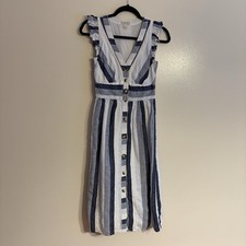 J.Crew Point Sur Women 00 Blue Striped Linen Pockets Button Front Midi Dress