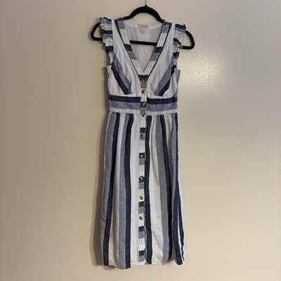 j crew striped linen dress J.Crew Point Sur Women 00 Blue Striped Linen Pockets Button Front Midi  Dress