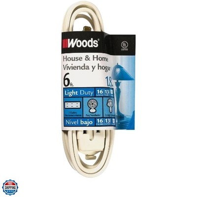 Light Duty Extension Cord, 6Ft, 16 Gauge, SPT-2, 3 Outlet Cube Tap, Indoor Co...