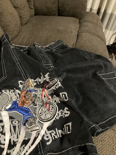 VTG Urban Skoal Grind Bike Embroidery Baggie Black Jean Shorts Boys 14 Husky