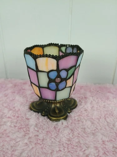Vintage PartyLite Hydranga Tiffany Style Stained Glass Votive Candle Holder