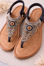 Women Boho Beaded Sandals Flat T-Strap Summer Casual Slip-On Elastic Back Comfor