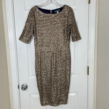 Pim + Larkin Womens Gold Sequin Midi Dress Size Medium Holiday Party  Retro Glam