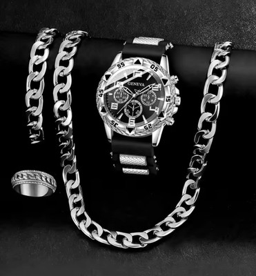 Geneva Schmuckset, silber-schwarz, mit Uhr, Armband, Halskette und Ring