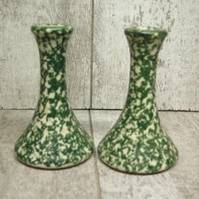 Roseville Green Spongeware Henn Candlestick Holders