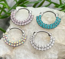 1pc Lined Paved Gems Septum Clicker 316L Surgical Steel 16g Nose Ring
