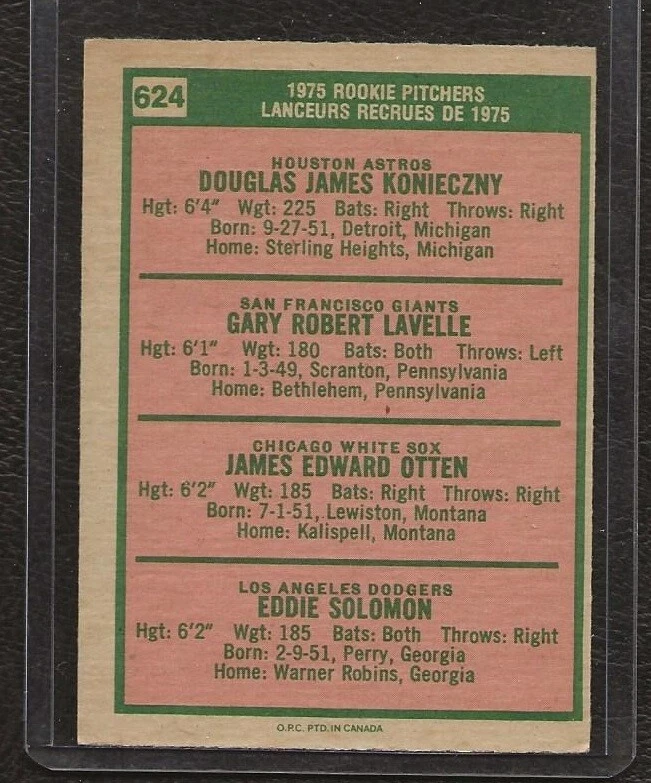 1975 O-Pee-Chee #624 Rookie Pitchers, Konieczny, Lavelle, Otten, Solomon, EX! - Image 2 of 2