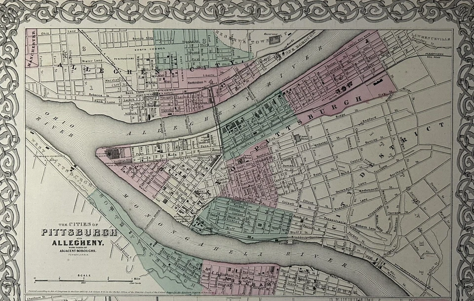 Mapa antiguo coloreado a mano planos de Pittsburgh y Cincinnati de 1870 de 17" x 14" Foto 2 de 3
