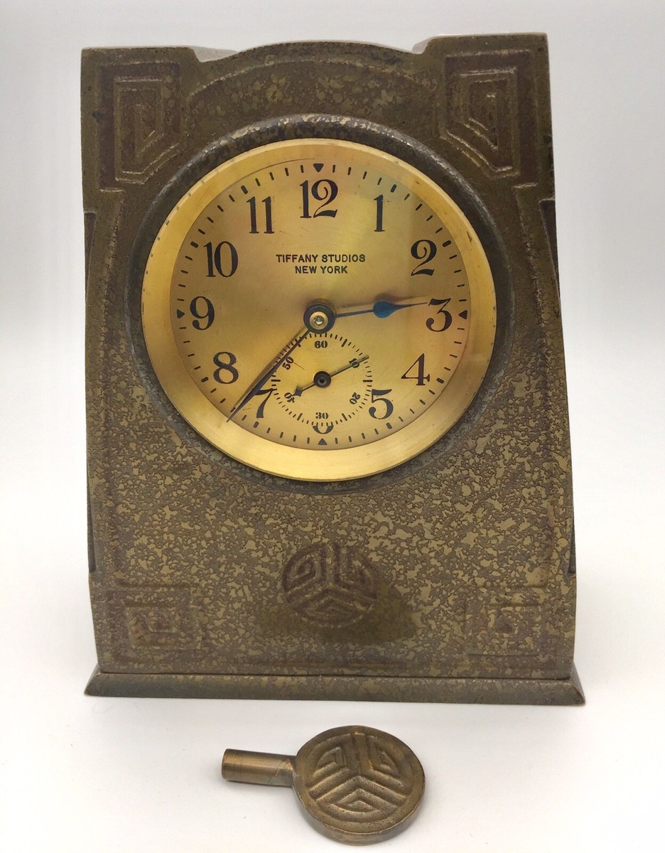 Tiffany Studios ~ BRONZE CLOCK & KEY ~ Greek Key Design #1121 Desk