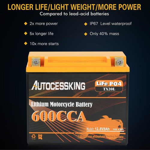 autocessking YTX20L-BS Lithium Motorcycle Battery LiFePO4 600A 12V 8AH for ATV - Picture 6 of 7