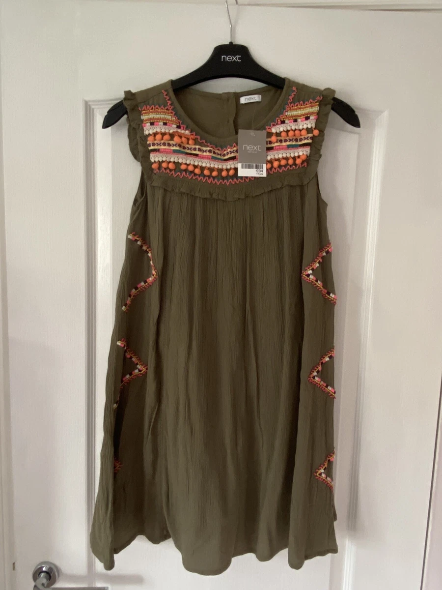 Next Girls Age 11 New Khaki Dress With Embroidery Pom Pom Detail