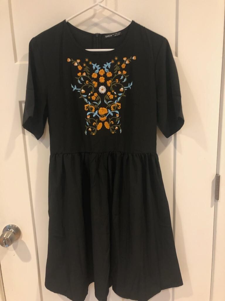 Shein Floral Embroidered Black Dress - Size L, US 8/10 | eBay