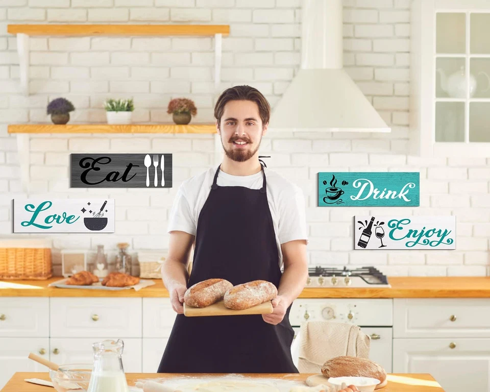 - Turquoise Kitchen Decor Accessories, Teal Wall Art with Grey, Eat Drink Love W - Image 4 of 4