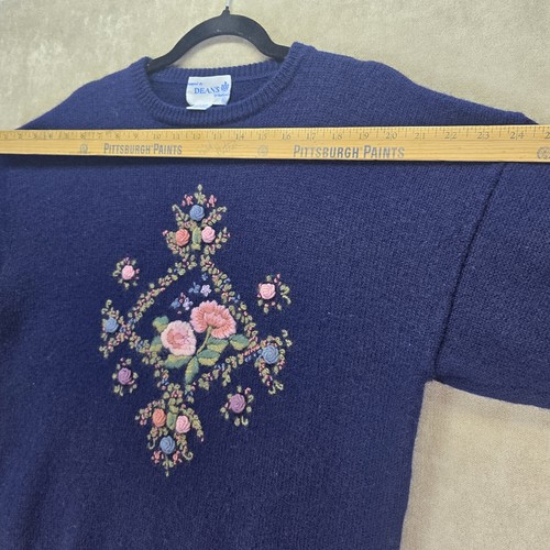 Deans Of Scotland 100% Wool Womens Blue Sweater W/ Floral Needlepoint Size Xl - Picture 13 of 23