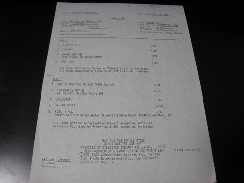 Sly and The Family Stone Ain't But The One Way US Test Press Vinyl LP 1-23700 - Picture 4 of 8