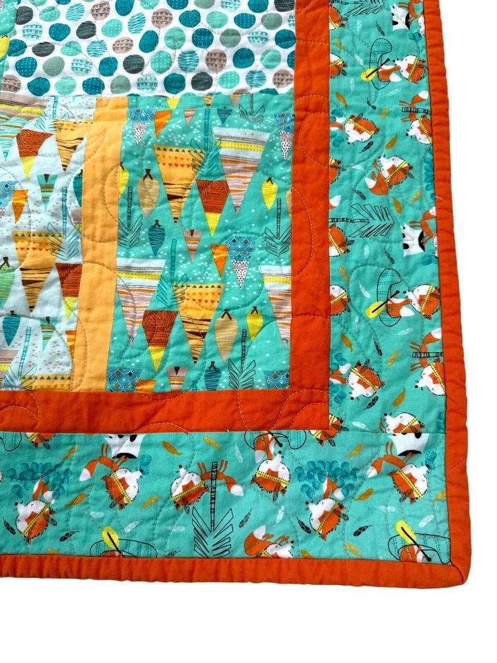 学步宝宝狐狸森林被子毯抓绒手工橙色青绿色 40x50 — 第 3/4 张图片