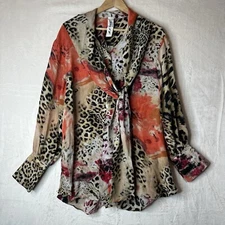 M.A. Dainty Blouse Top Womens 10 Silk Floral Leopard Mixed Media Boho Button Up