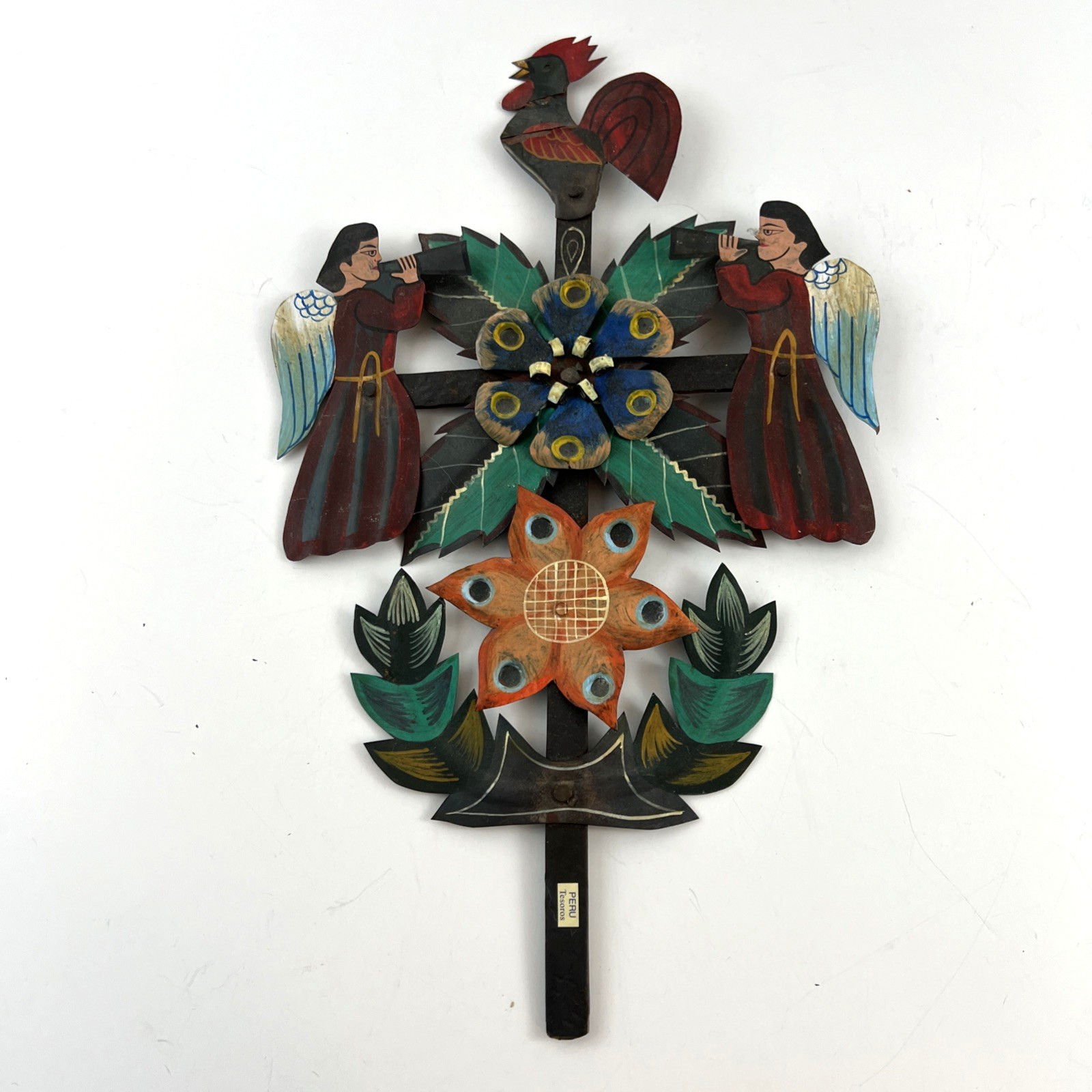 Peruvian Cross Folk Art Hand Painted Iron 15"x9" Good Luck Blessings Signed