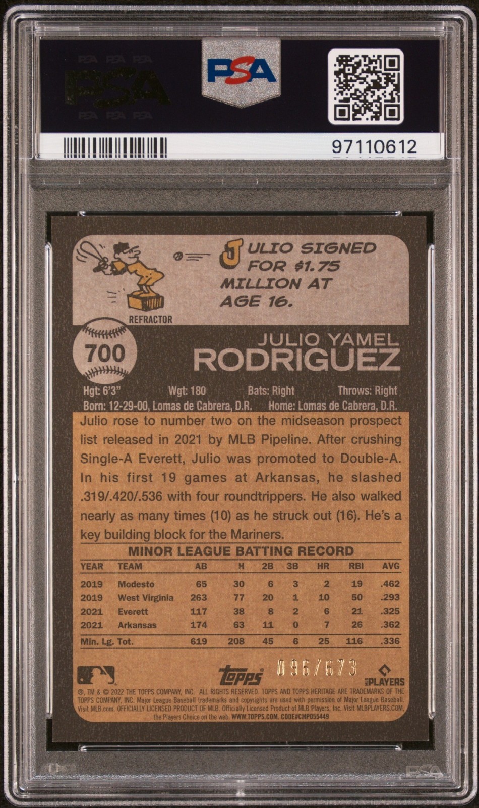 2022 Topps Heritage Baseball Julio Rodriguez #700 RC Chrome Refractor /673 PSA 9 view 2