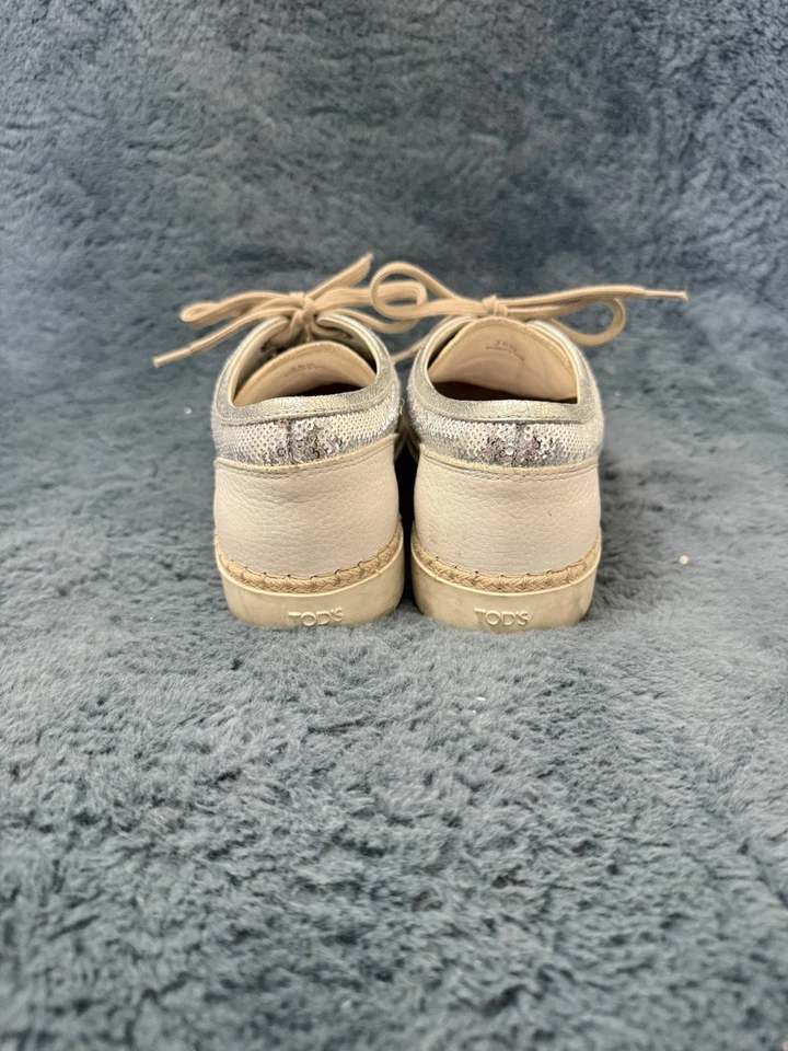 TOD'S Alpargata Lentejuelas Plateadas Zapatillas con Cordones Talla 36.5/6 Tranquilo Diseñador de Lujo Foto 4 de 4