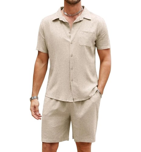 Triumph Over Tragedy Men's Linen Blend Button Down Shirt & Shorts Set Oatmeal - Picture 3 of 14