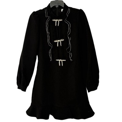 Self-Portrait Black Ruffled Crepe Bib Crystal Bow Ruffle Mini Shirtdress - 2