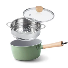 Ceramic Nonstick Sauce Pan, 3 QT Pot with Steamer, Non Toxic & PFAS-Free, Woo...