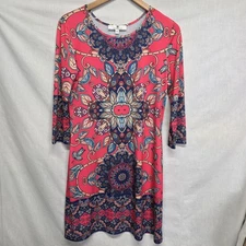 Jean Pierre Klifa Dress Size M Pink Colorful Print 3/4 Sleeve Womens