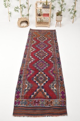 Turkish Herki Runner Rug 3,1x10 ft (95x304 cm), Vintage Red Geometric Wool Rug