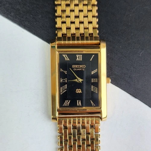 Vintage Seiko Slim Tank Quartz Men Black Dial Dress Watch-Free Shipping