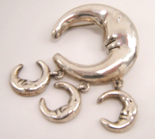 VTG STERLING SILVER CRESCENT MOON PIN BROOCH MOON DANGLES