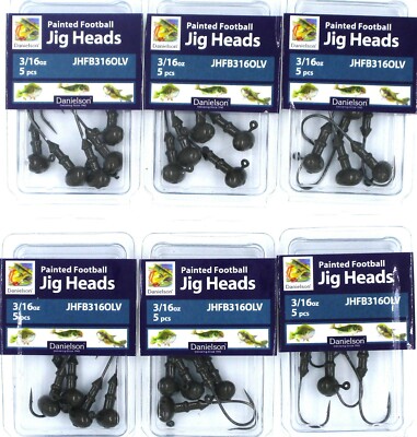 (6) Packs Danielson 3/16 Oz Olive Painted Football Jig Heads Fish Hook Brand New