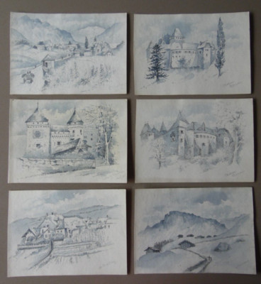 Rund Waadt, Schweiz, Set 6 Ansichten 20er Jahre, original monochrome Aquarelle