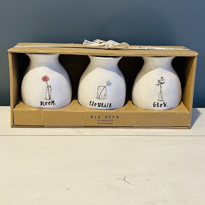 Rae Dunn Set of 3 Small Round Floral Vases Bloom, Flourish & Grow NEW